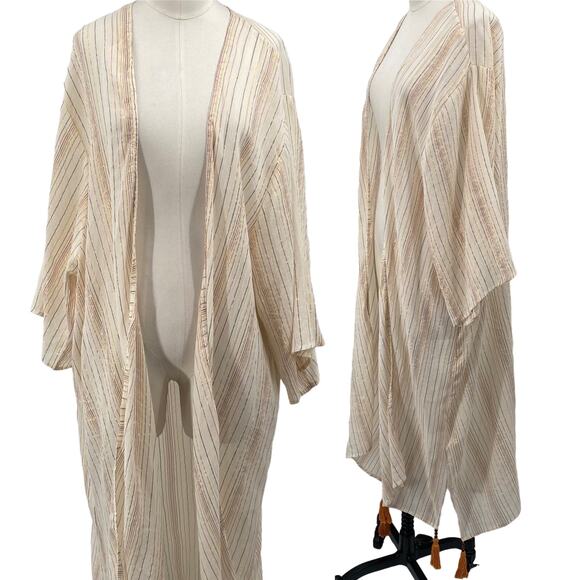 A la Plage Cover Up Kimono Oversize Beaded Tassel Hem Metallic Stripe Ivory S - Picture 1 of 10